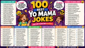 100 best yo mama jokes poster with colorful cartoon characters, clean joke panels, emojis, and bold comic-style typography.