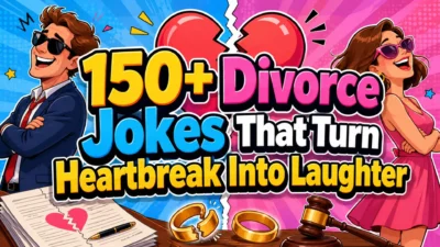 Divorce jokes poster with cartoon ex-couple, lawyer, paperwork, broken hearts, emojis, and colorful comedy panels.