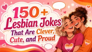 Lesbian jokes poster with smiling couple, pride hearts, speech bubbles, and bold pink title design.