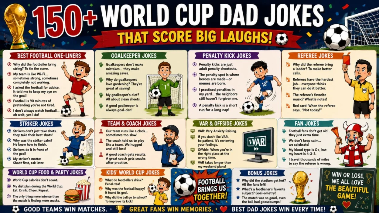 150+ World Cup dad jokes poster with football players, trophy, goalkeeper, referee, fans, and funny soccer puns.