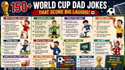150+ World Cup dad jokes poster with football players, trophy, goalkeeper, referee, fans, and funny soccer puns.