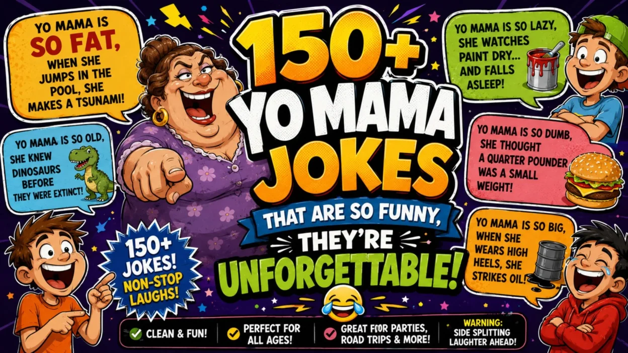 Colorful Yo Mama jokes poster featuring comic-style characters and funny family-friendly joke illustrations.