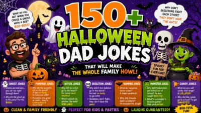 Colourful Halloween dad jokes poster with ghosts, pumpkins, skeletons, a witch, bats, and a bold 150+ headline.