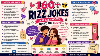 Rizz jokes poster with a smiling couple, hearts, funny pickup lines, colourful panels, and playful cartoon graphics.