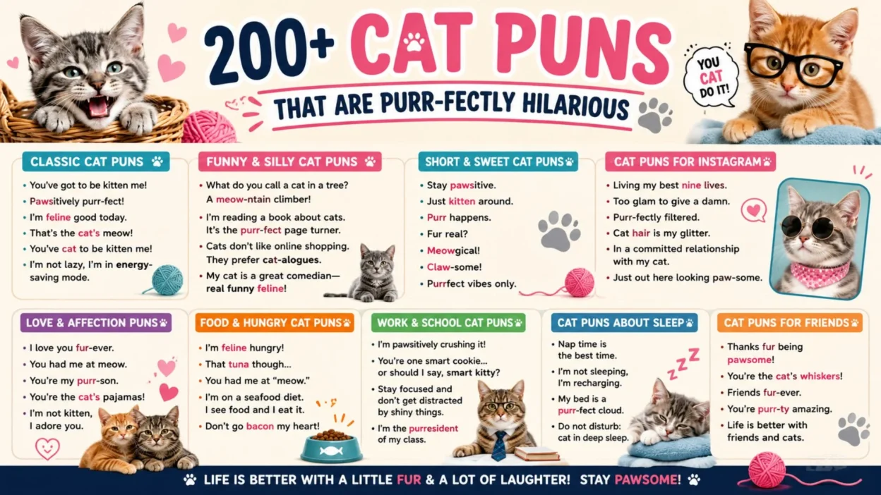 Funny cat puns graphic featuring playful cats and the title “200+ Cat Puns That Are Purr-fectly Hilarious”