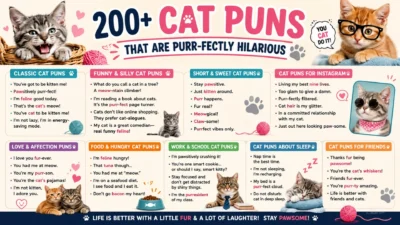 Funny cat puns graphic featuring playful cats and the title “200+ Cat Puns That Are Purr-fectly Hilarious”
