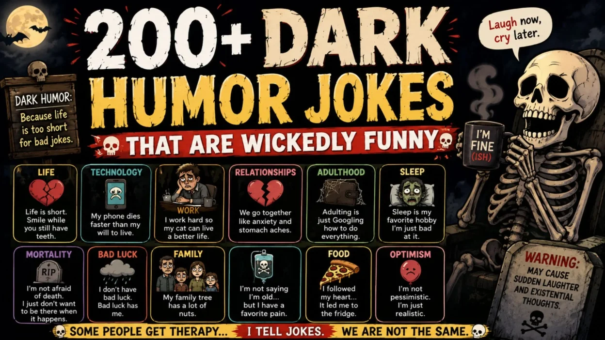 Dark humor jokes poster with a skeleton, moon, graveyard imagery, and wickedly funny one-liners.
