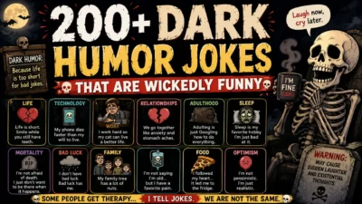 Dark humor jokes poster with a skeleton, moon, graveyard imagery, and wickedly funny one-liners.