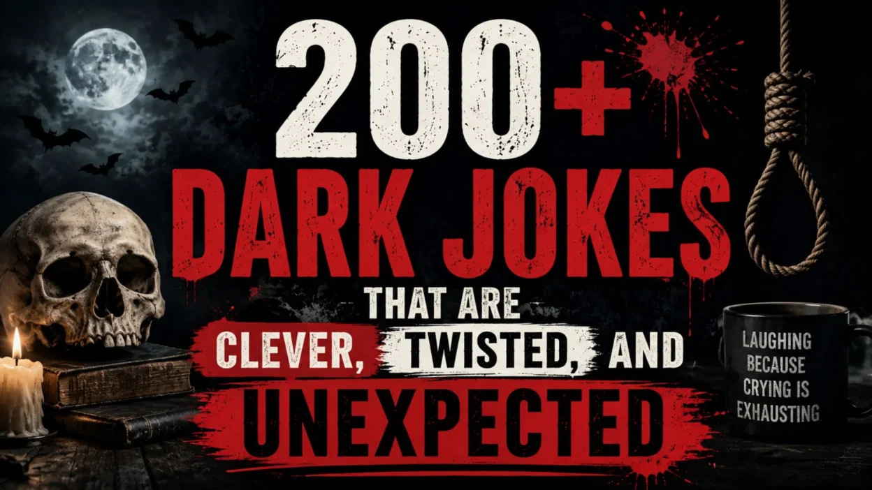 Dark jokes image with bold red text, skull, moon, candle, books, bats, and eerie horror-style graphics.