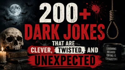 Dark jokes image with bold red text, skull, moon, candle, books, bats, and eerie horror-style graphics.