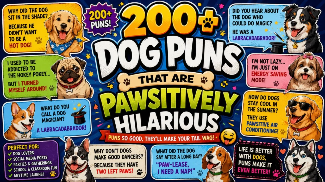 Colorful dog puns poster featuring cute cartoon dogs, paw prints, and funny canine-themed jokes.