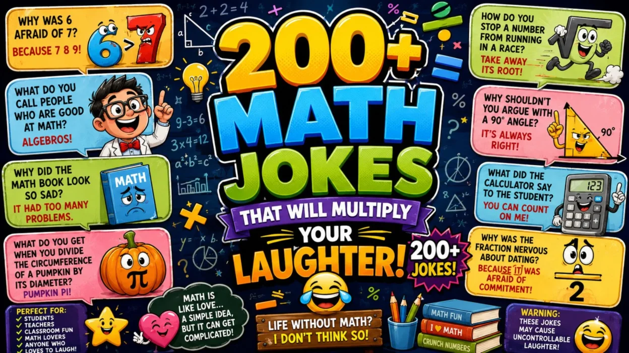 Colorful math jokes poster featuring funny equations, cartoon numbers, and humorous math-themed illustrations.