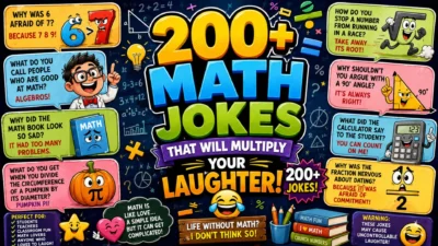 Colorful math jokes poster featuring funny equations, cartoon numbers, and humorous math-themed illustrations.