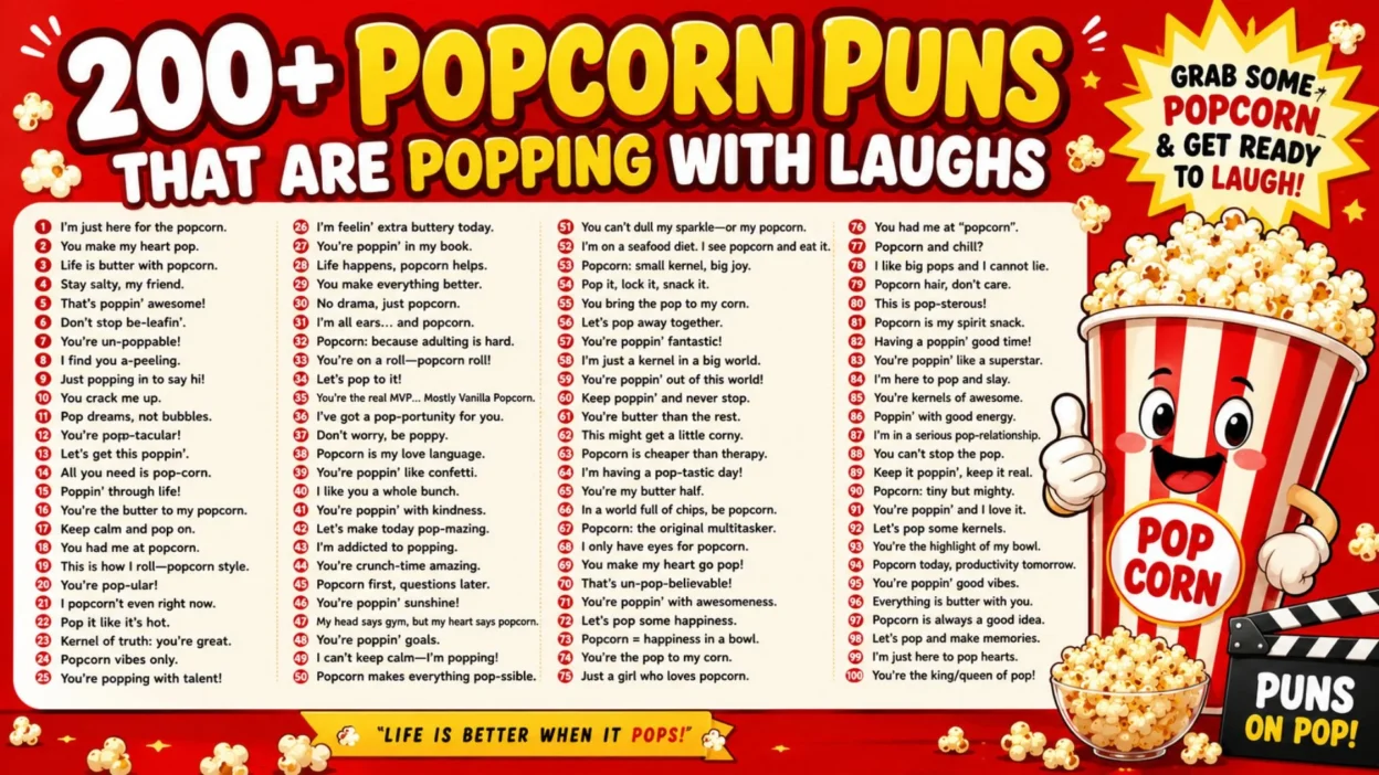 Colorful 200+ popcorn puns poster with funny quotes, cartoon popcorn, and a cheerful red-and-yellow design.