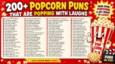 Colorful 200+ popcorn puns poster with funny quotes, cartoon popcorn, and a cheerful red-and-yellow design.