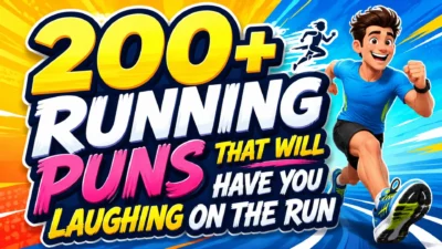 Colorful 200+ running puns graphic with bold text and a happy runner on a bright energetic background.