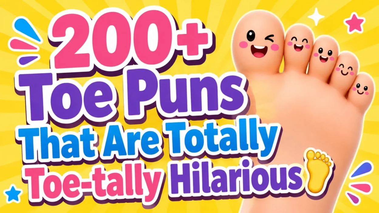Colorful 200+ toe puns graphic with smiling cartoon toes and bold text on a bright yellow background.