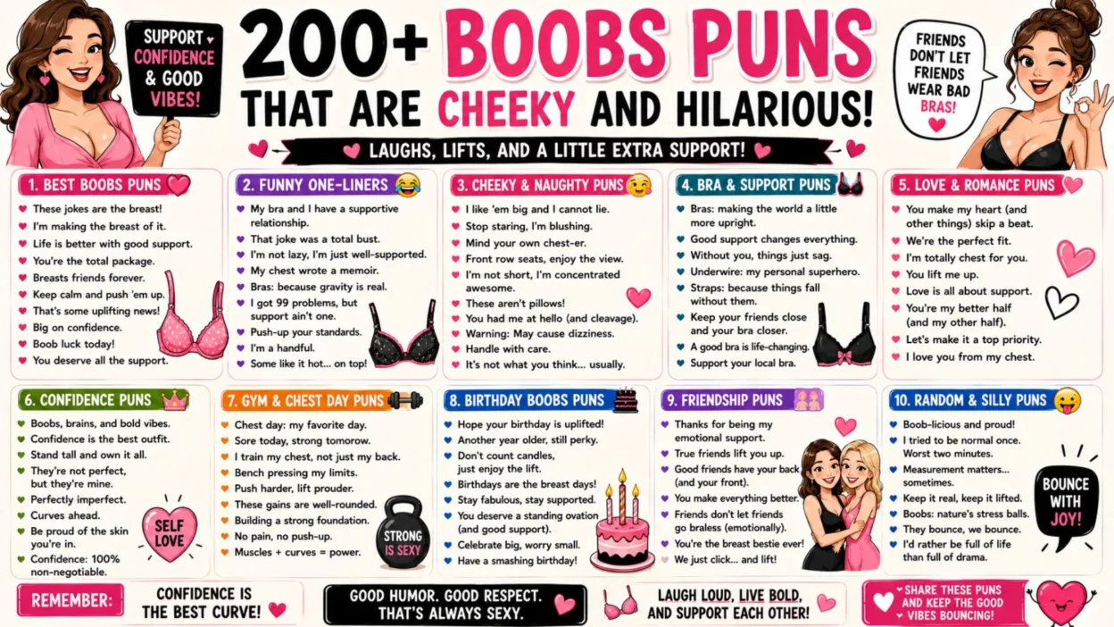 Boobs puns graphic with bold pink title, playful bra illustrations, hearts, and cheeky humor.