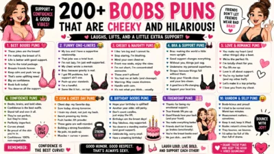 Boobs puns graphic with bold pink title, playful bra illustrations, hearts, and cheeky humor.