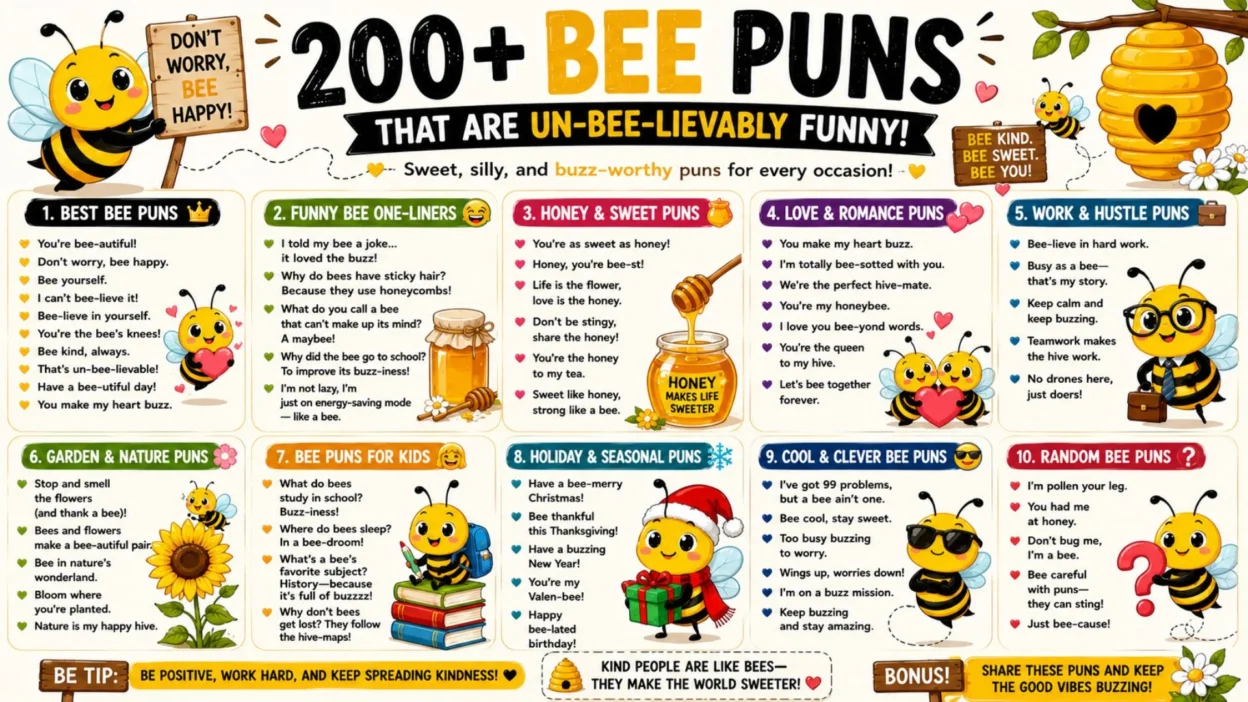 Colorful 200+ bee puns infographic with cute bees, honey, flowers, a beehive, and funny buzz-worthy jokes.