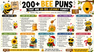 Colorful 200+ bee puns infographic with cute bees, honey, flowers, a beehive, and funny buzz-worthy jokes.