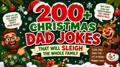 Festive Christmas Dad Jokes image with Santa, reindeer, gifts, snow, and bold 200+ joke headline.