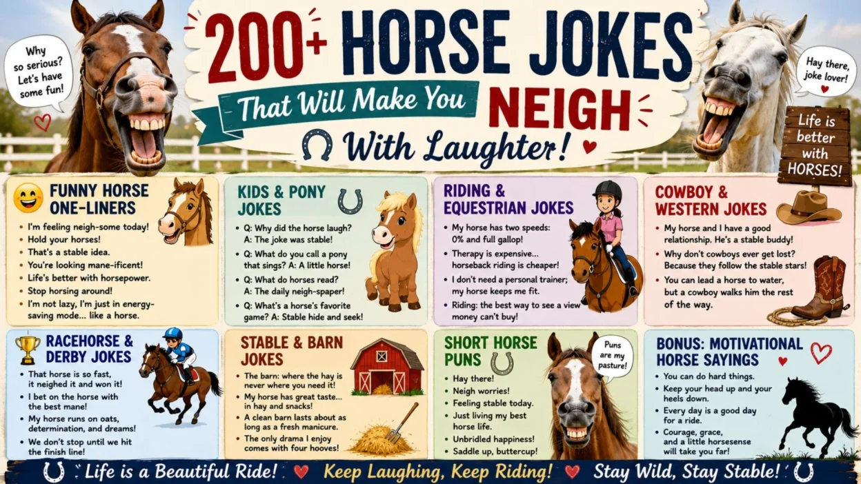 200+ horse jokes poster with laughing horses, pony cartoons, riding humor, and colorful Western-themed illustrations.