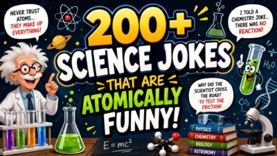Colourful science jokes poster with atoms, lab equipment, planets, and a bold 200+ atomically funny headline.