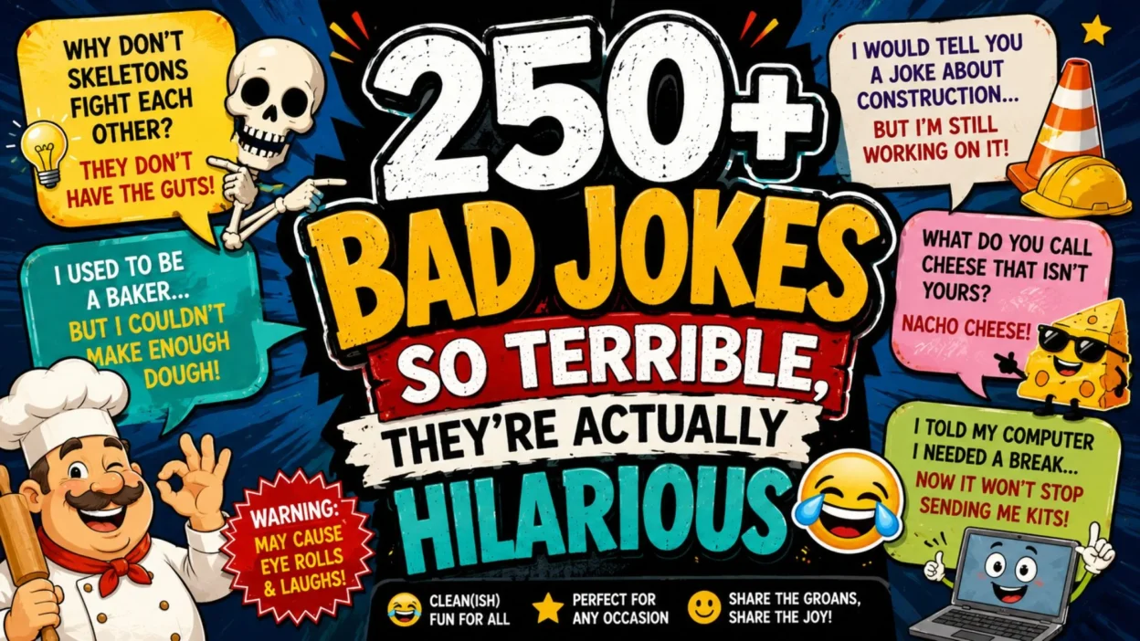 Colorful poster featuring 250+ hilariously bad jokes with cartoon characters and funny comic-style illustrations.