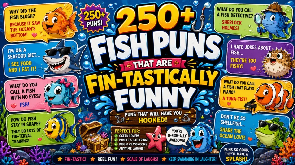 Colorful fish puns poster featuring cute cartoon fish, underwater scenery, and funny ocean-themed jokes.