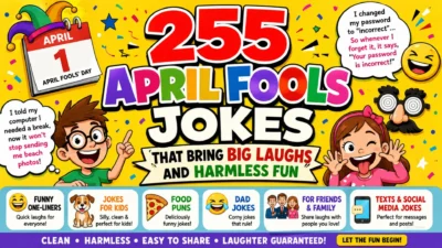 Colourful April Fools jokes poster with laughing emojis, a jester hat, confetti, and a bold 255-joke headline.