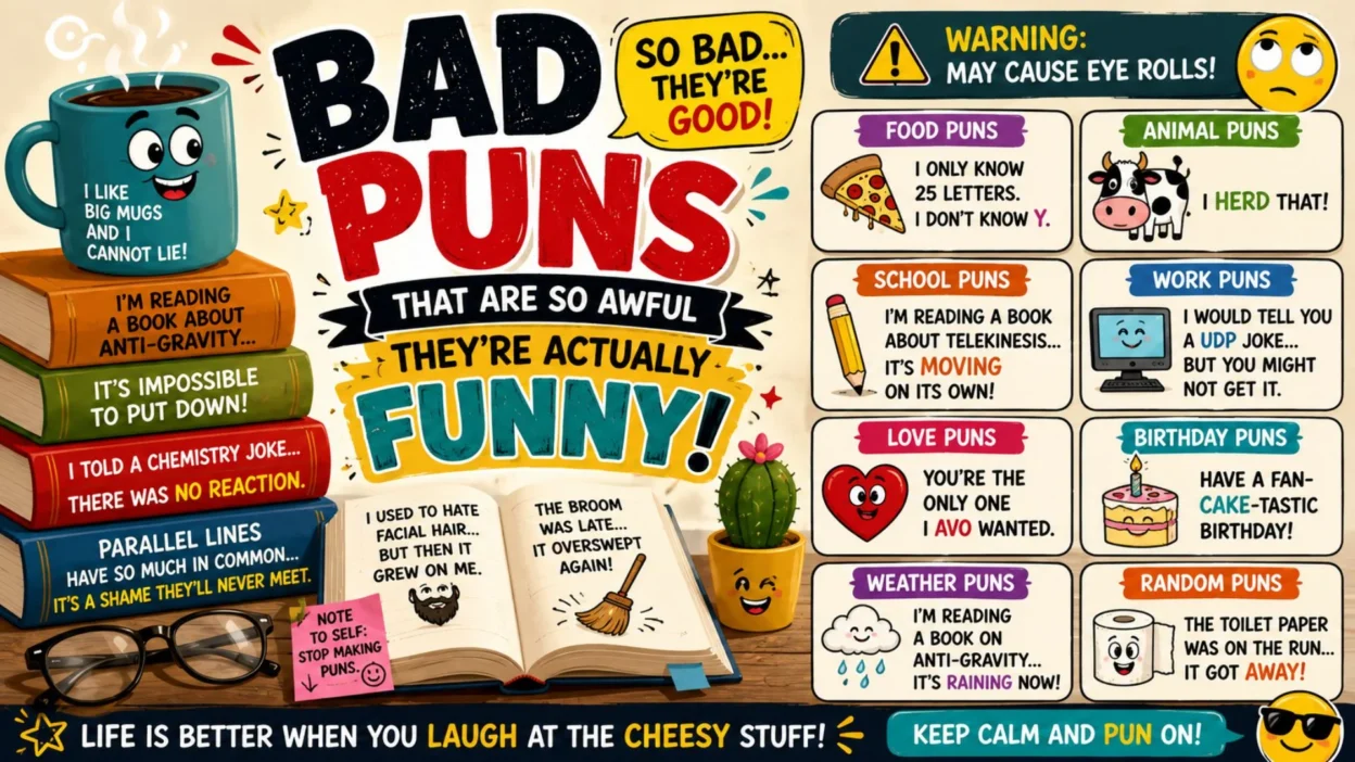 Colourful bad puns poster with books, coffee, funny cartoons, and bold text about awful but hilarious jokes.