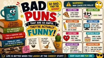 Colourful bad puns poster with books, coffee, funny cartoons, and bold text about awful but hilarious jokes.