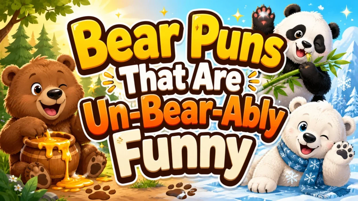 Bear puns poster with cute brown, panda, and polar bears, honey, forest, snowy mountains, and playful typography.