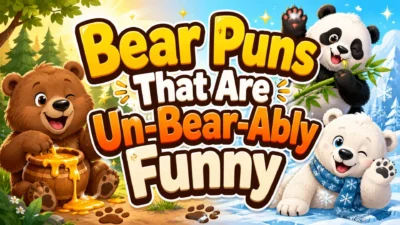 Bear puns poster with cute brown, panda, and polar bears, honey, forest, snowy mountains, and playful typography.