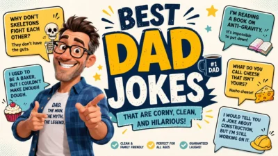 Funny dad jokes poster featuring a smiling cartoon dad with clean, corny jokes and colorful speech bubbles.