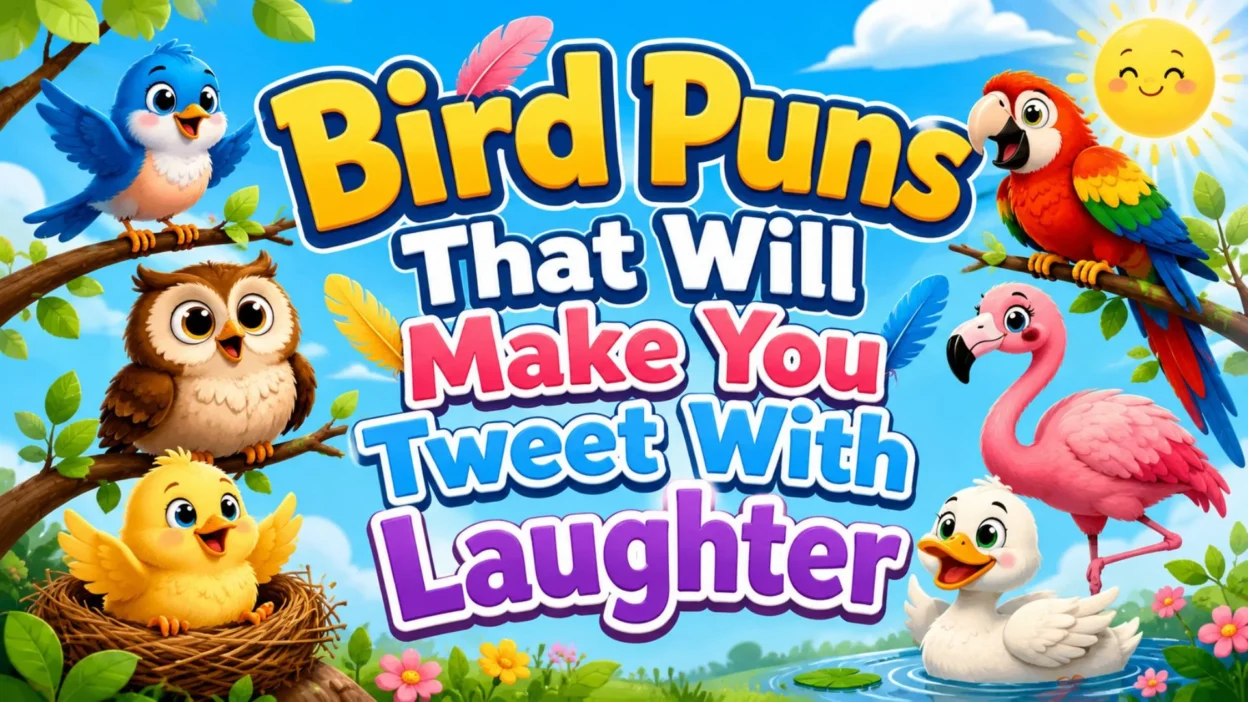 Bird puns poster with colorful owl, parrot, flamingo, duck, chick, bluebird, sunny sky, and playful typography.