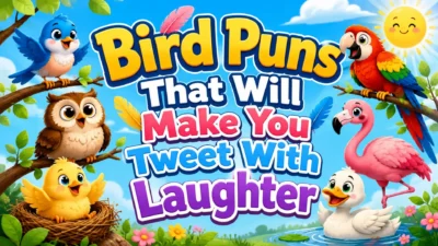 Bird puns poster with colorful owl, parrot, flamingo, duck, chick, bluebird, sunny sky, and playful typography.