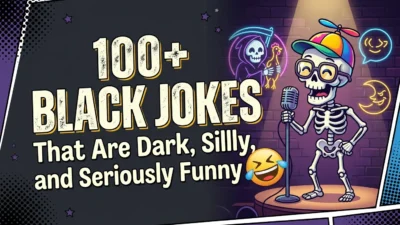 Colorful typography design featuring "100+ Black Jokes That Are Dark, Silly, and Seriously Funny" with laughing emojis.