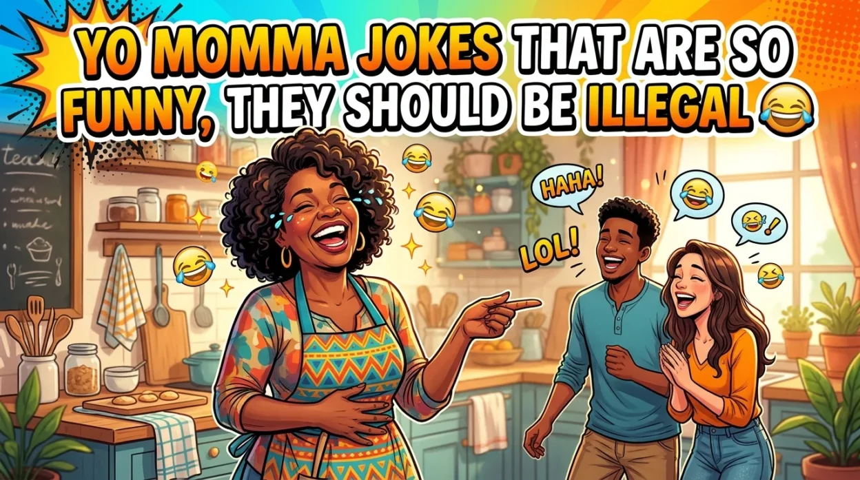 Funny "Yo Momma Jokes" title graphic with playful typography and laughing emojis for comedy content.