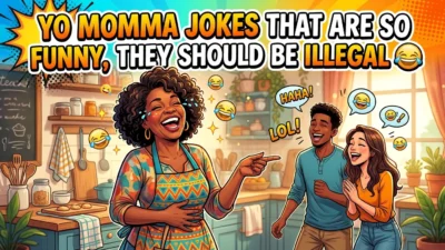 Funny "Yo Momma Jokes" title graphic with playful typography and laughing emojis for comedy content.
