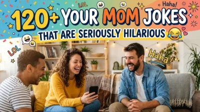 Funny "120+ Your Mom Jokes" typography design with playful text and laughing emojis for humor content.
