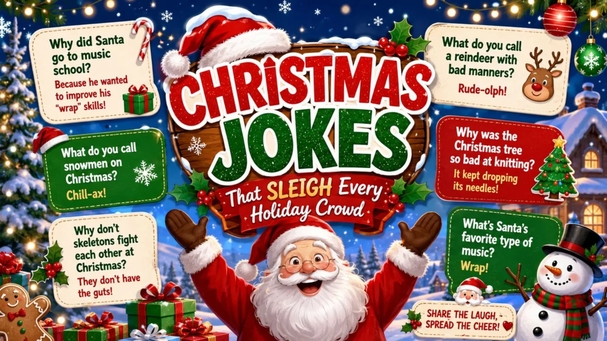 Festive Christmas jokes poster featuring Santa, snowman, reindeer, and funny holiday puns in a snowy scene.