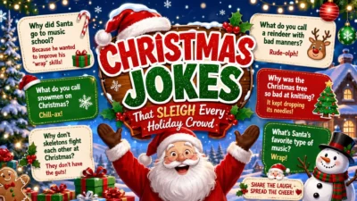 Festive Christmas jokes poster featuring Santa, snowman, reindeer, and funny holiday puns in a snowy scene.