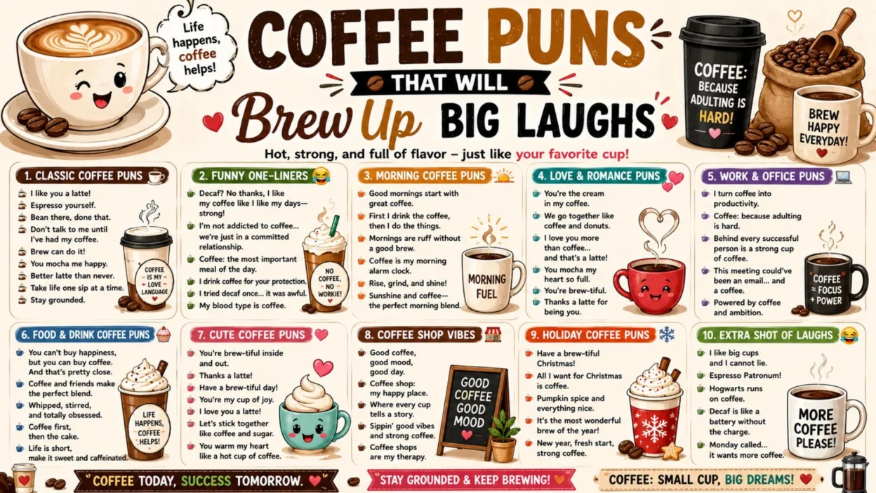 Colorful coffee puns infographic with funny latte jokes, cute mugs, espresso humor, and café-themed captions.