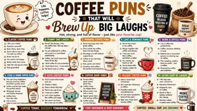 Colorful coffee puns infographic with funny latte jokes, cute mugs, espresso humor, and café-themed captions.