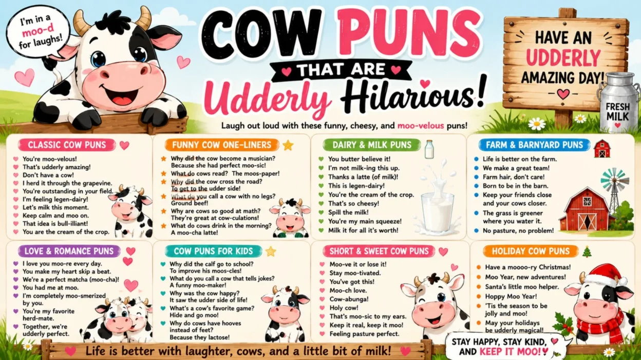 Colorful cow puns infographic with cute cows, dairy jokes, farm humor, and cheerful barnyard illustrations.