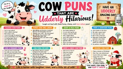 Colorful cow puns infographic with cute cows, dairy jokes, farm humor, and cheerful barnyard illustrations.