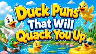 Duck puns poster with cheerful yellow ducks, ducklings, pond water, lily pads, flowers, and a bright sunny background.