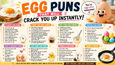 Colorful egg puns infographic with funny one-liners, Easter jokes, cute eggs, and breakfast-themed humor.